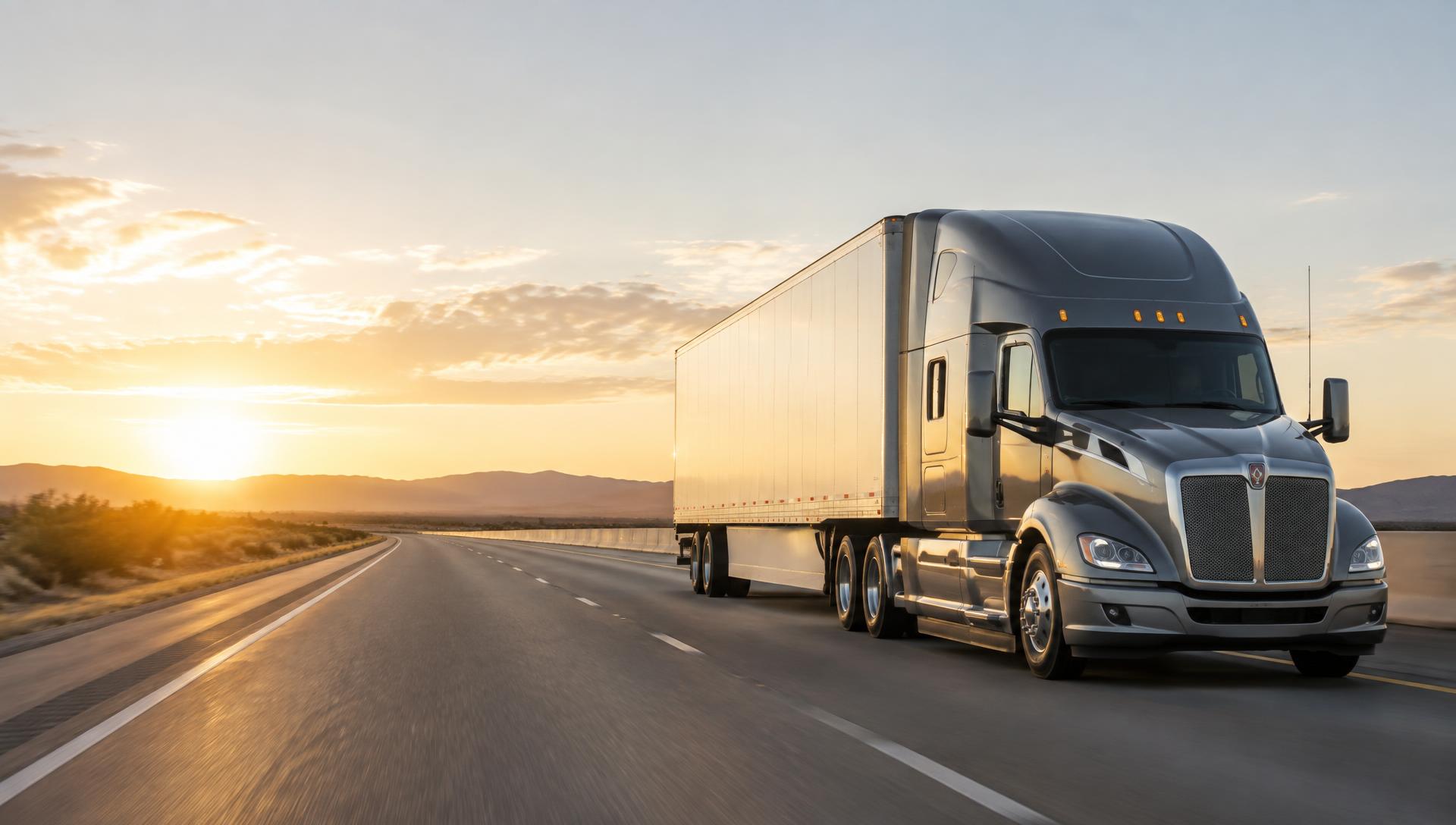 Dark gray semi truck on an American interstate at sunset